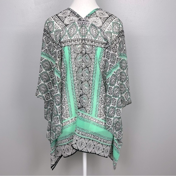 Hale Bob sheer boho handkerchief kimono style green black tie neck top, size XS. - Picture 4 of 10